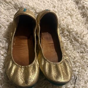 Tieks Gold Leather Ballet Flats with Teal Heel Tab